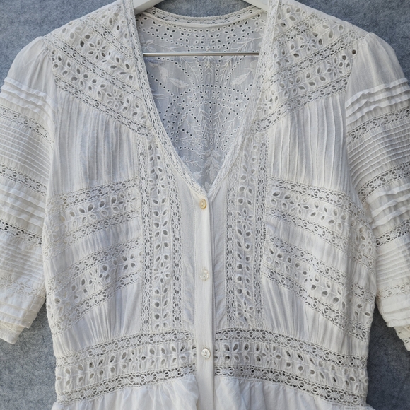 LoveShackFancy Rebecca Eyelet Lace Embroidered Tiered Button Front Midi Dress - Picture 6 of 13